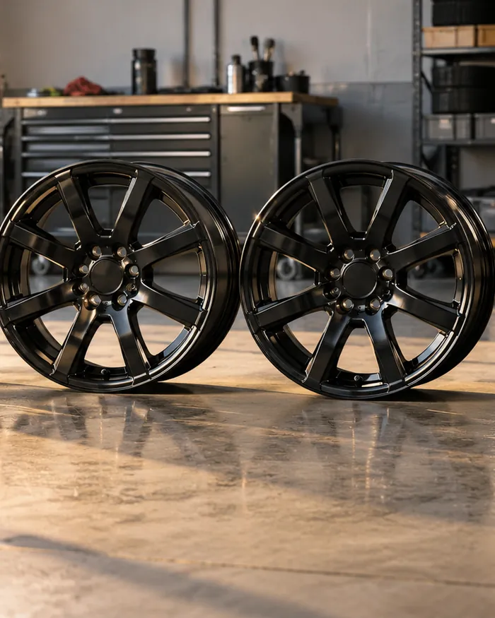 A set of refinished aluminum wheels with a clean, even powder coat finish