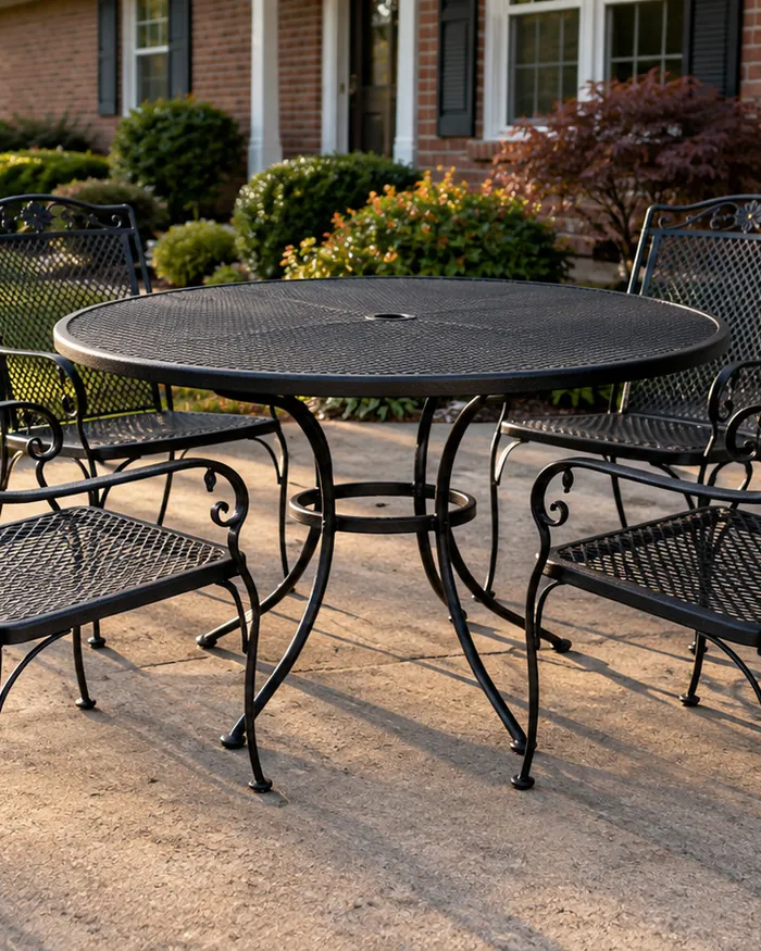 Wrought iron patio furniture with a fresh coating and tightened joints