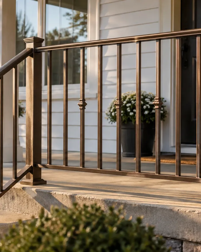 A metal porch railing freshly coated in a solid, even color