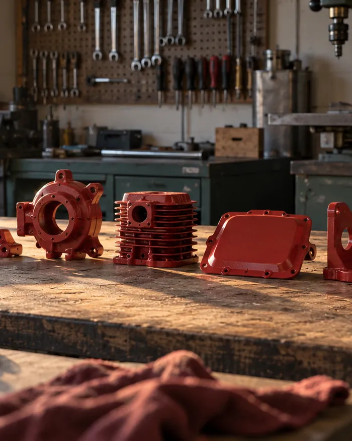 Small engine parts blasted clean and coated in matching color