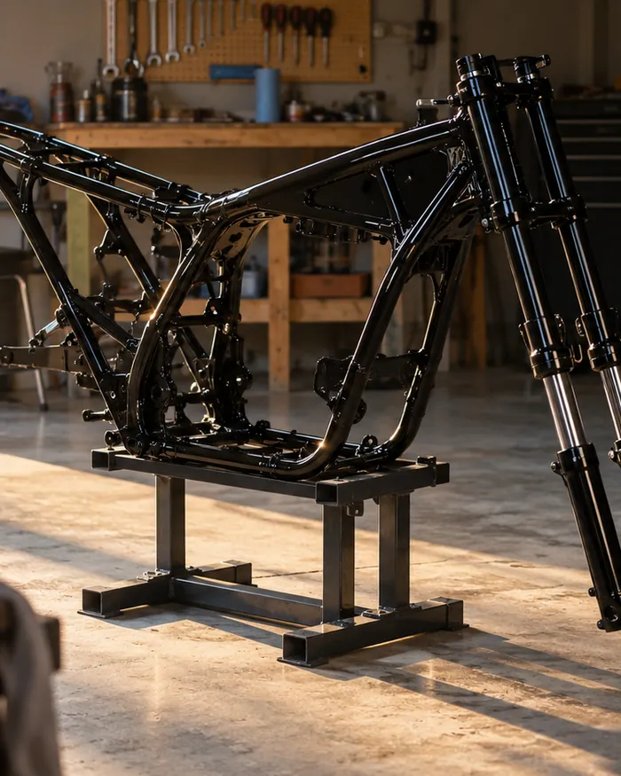 A motorcycle frame and parts freshly powder coated