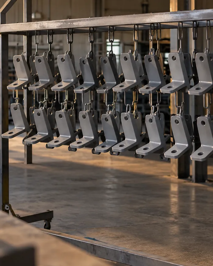 A batch of small steel brackets hung and coated together